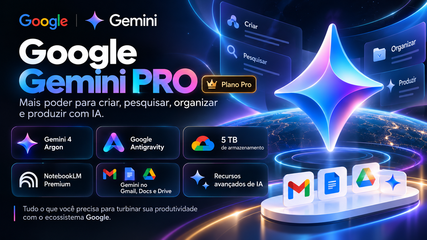 18 MESES DE GOOGLE GEMINI PRO! Conheça o Gemini 4 Argon, Antigravity, 5 TB e todos os benefícios